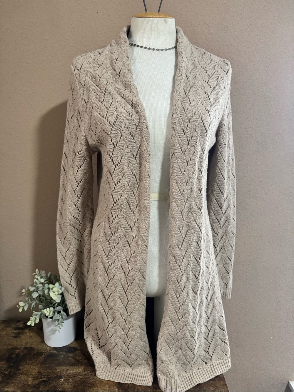 Leo & Nicole Open-Front Chevron Knit Cardigan - Tan